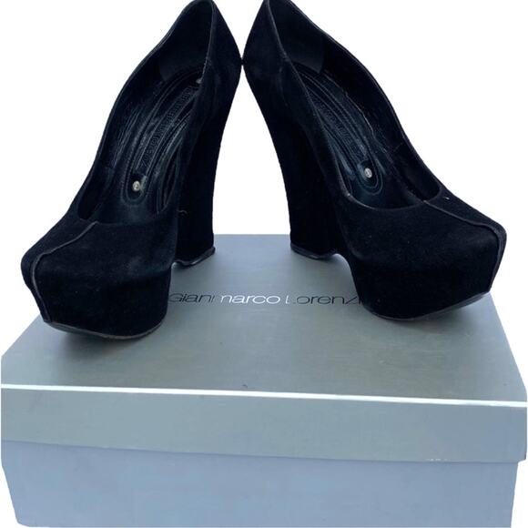 Gianmarco Lorenzi Black Suede Leather Almond Toe Wedge Platform Pumps 37 US7 - Picture 2 of 16